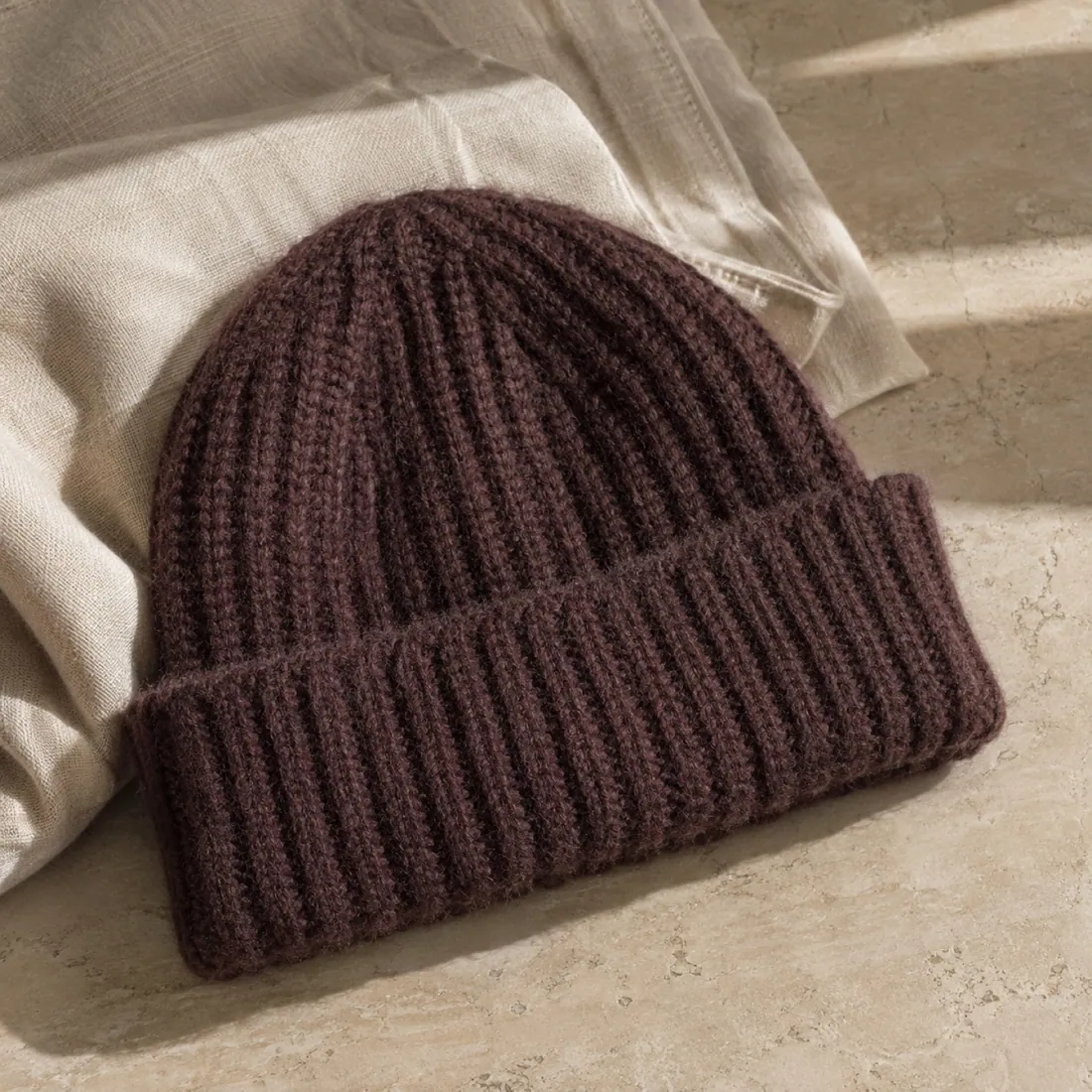 Briar rib knit beanie in fig brown