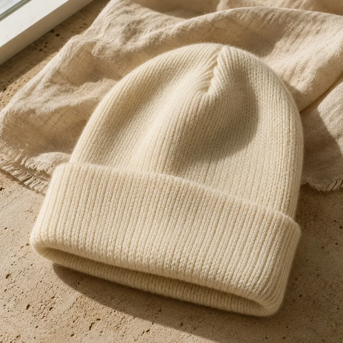 Rimini rib knit beanie in warm ivory