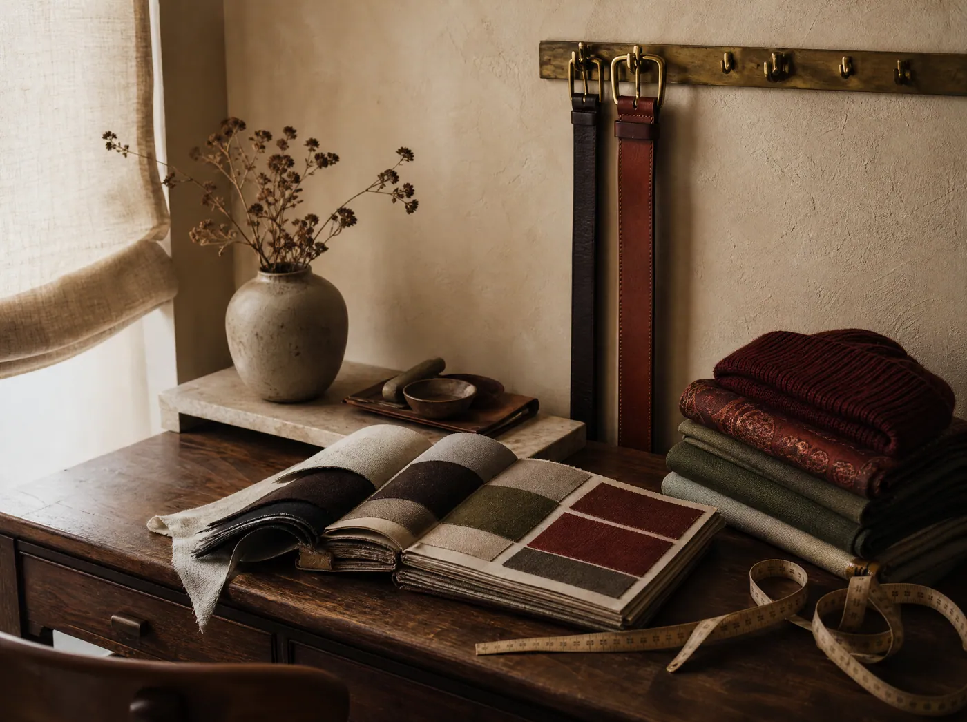 A walnut desk with a swatch book, measuring tape, folded headscarves and belts on a brass hook rail