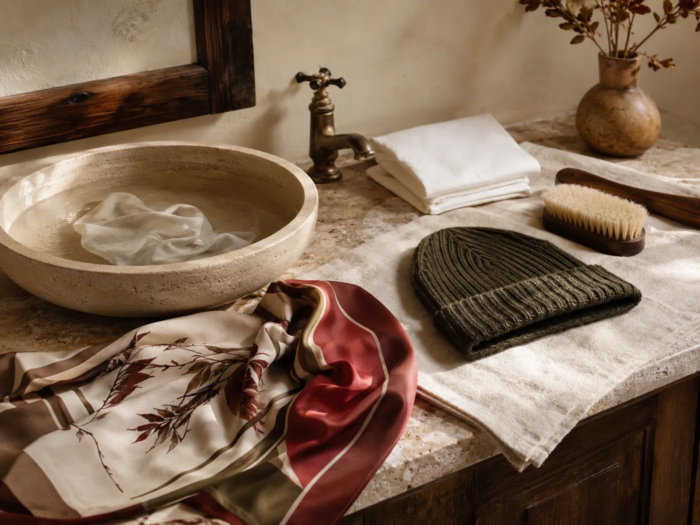 A printed scarf beside a basin of cool water with a folded cloth, soft brush and a knit cap drying flat