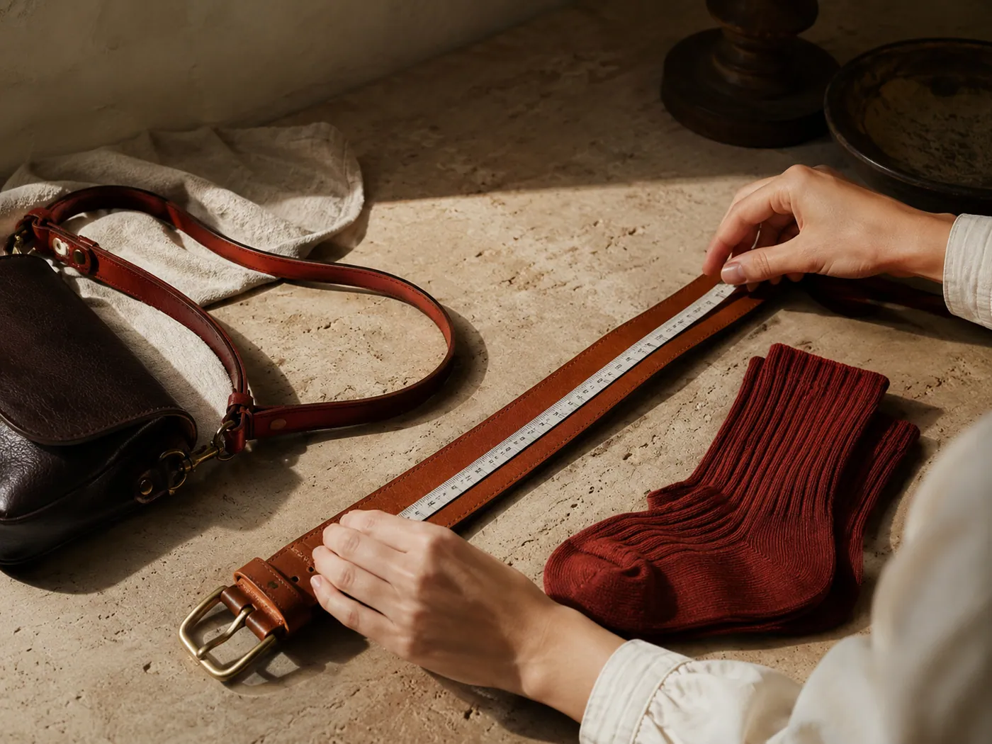 Hands laying a tailor tape along a leather belt with socks and a bag strap alongside