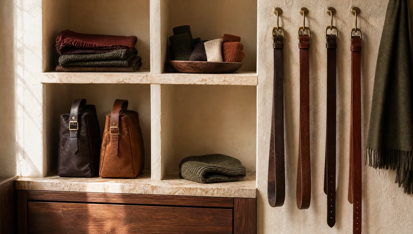 Plaster shelf niches holding folded scarves, socks, bags and belts on brass hooks