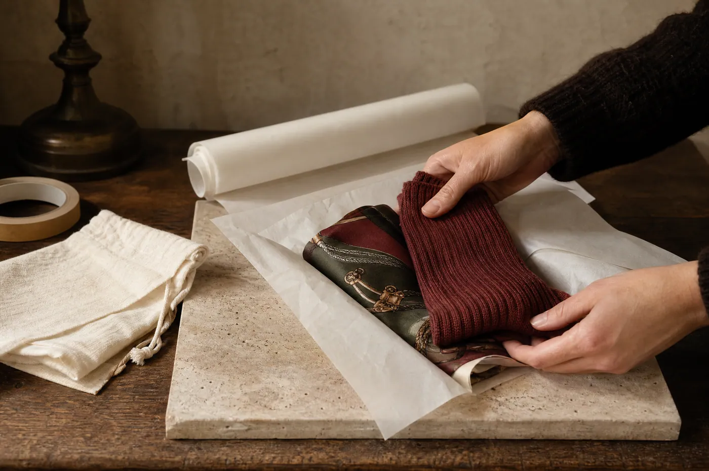 Hands wrapping a scarf and socks in tissue at a packing bench
