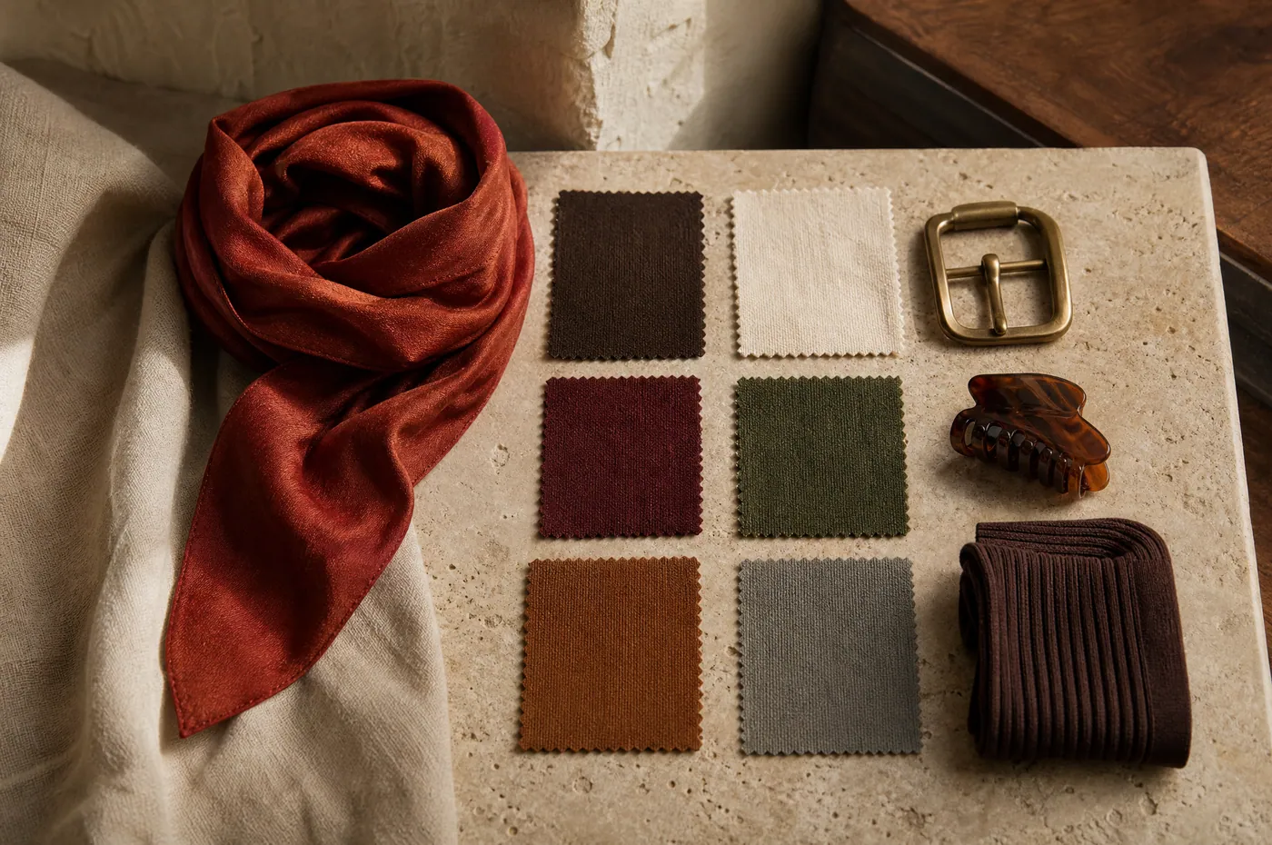 A flat-lay of fabric swatches, a brick-red scarf, a brass buckle and a resin clip