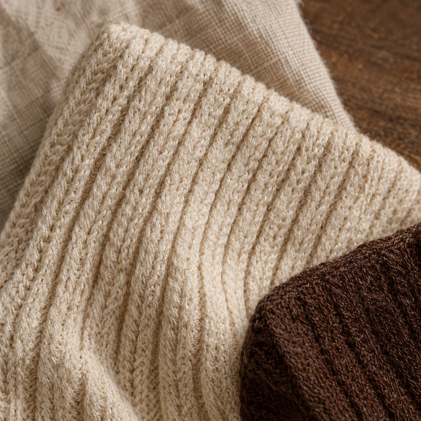 The ribbed cuff of a cotton crew sock