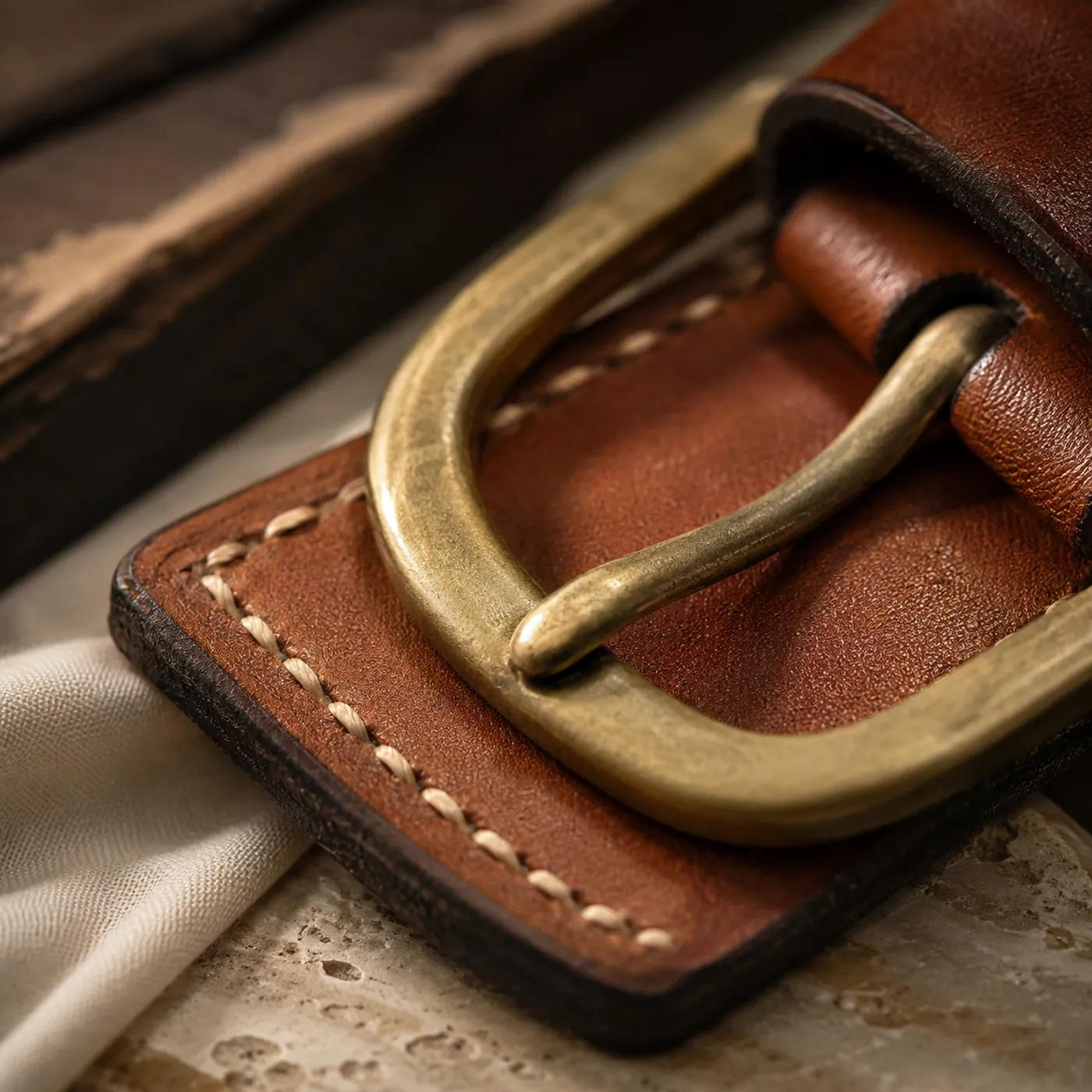 A brass belt buckle on tan leather with saddle stitching